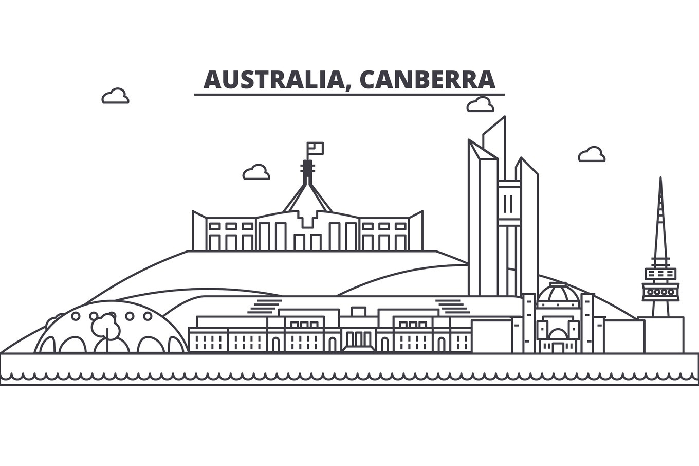 Australia, Canberra architecture line skyline illustration. Linear ...