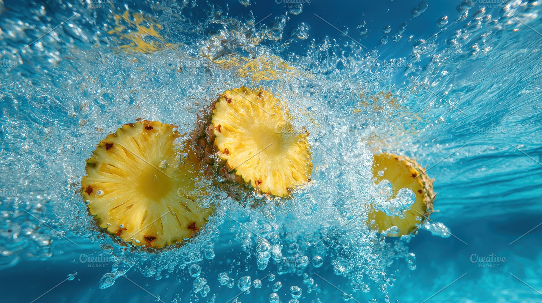 Pineapple slices drop into clear, a Photo by Pavel_design