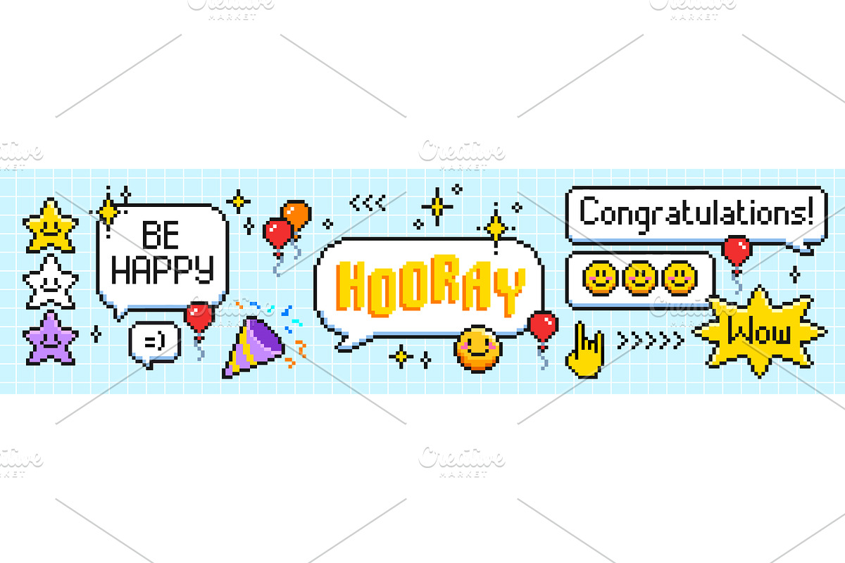 Pixel speech bubbles and icons set, an Illustration by art PVP - market