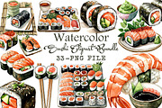 Watercolor Sushi Clipart Bundle, an Illustration by Libby Wishes (Thumbnail 1 of 7)