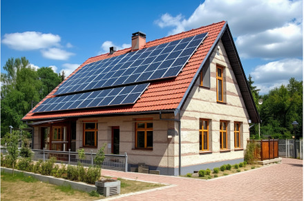 Solar panel house eco. Generate Ai, an Industrial Photo by Ylivdesign