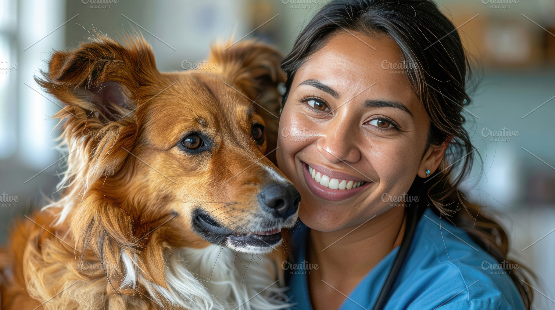 Smiling Veterinarian Hugging Dog in Clinic Setting, an Animal Photo by Davizro's Market