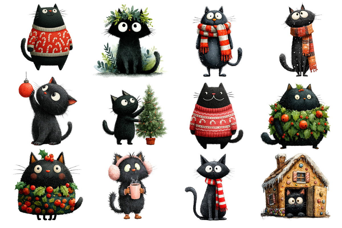 Quirky Christmas Black Cat Clipart, an Illustration by Dream Creation (Photo 4 of 6)