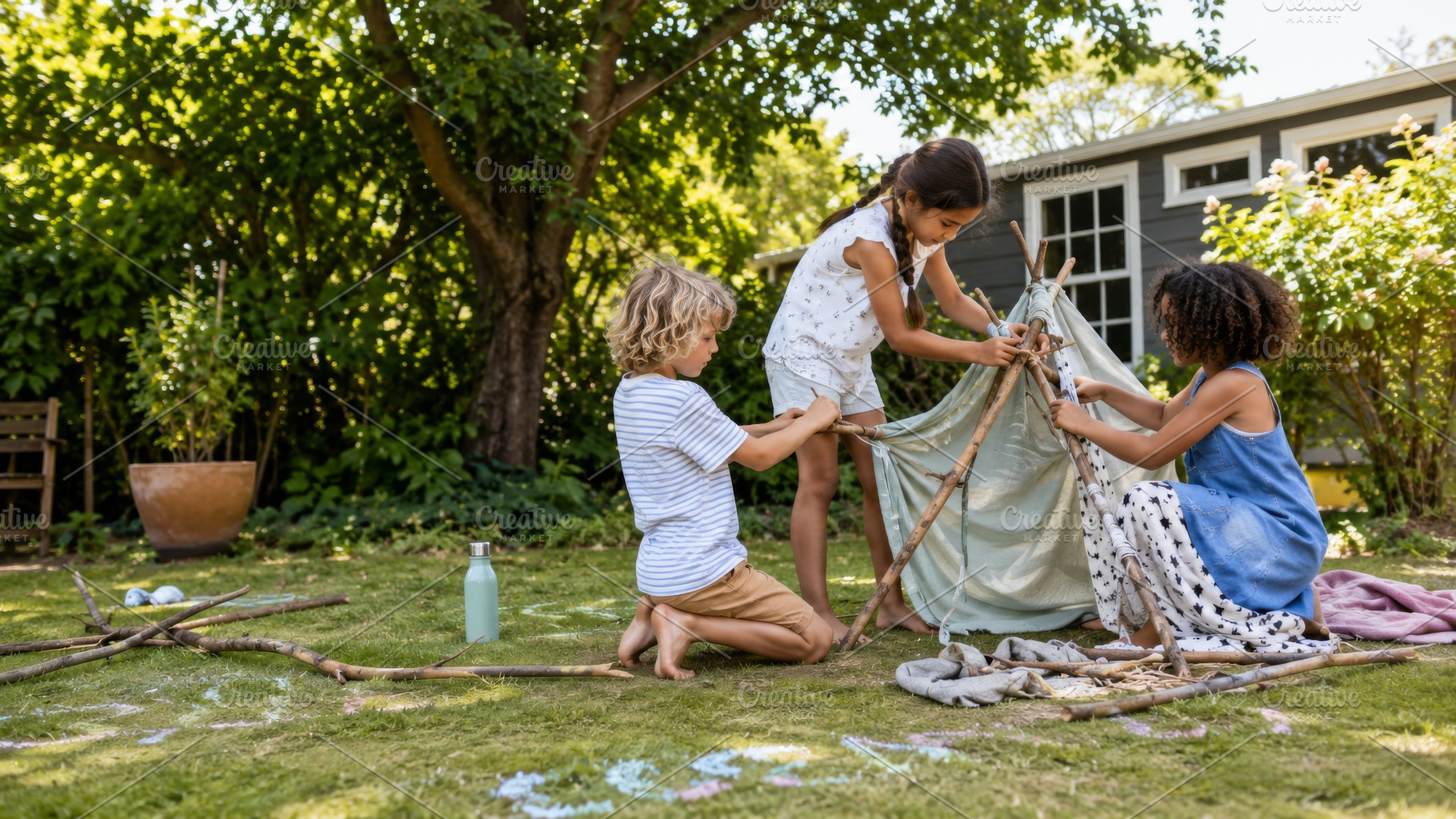 Children building backyard stick ten, a Photo by Dvoevnore photos