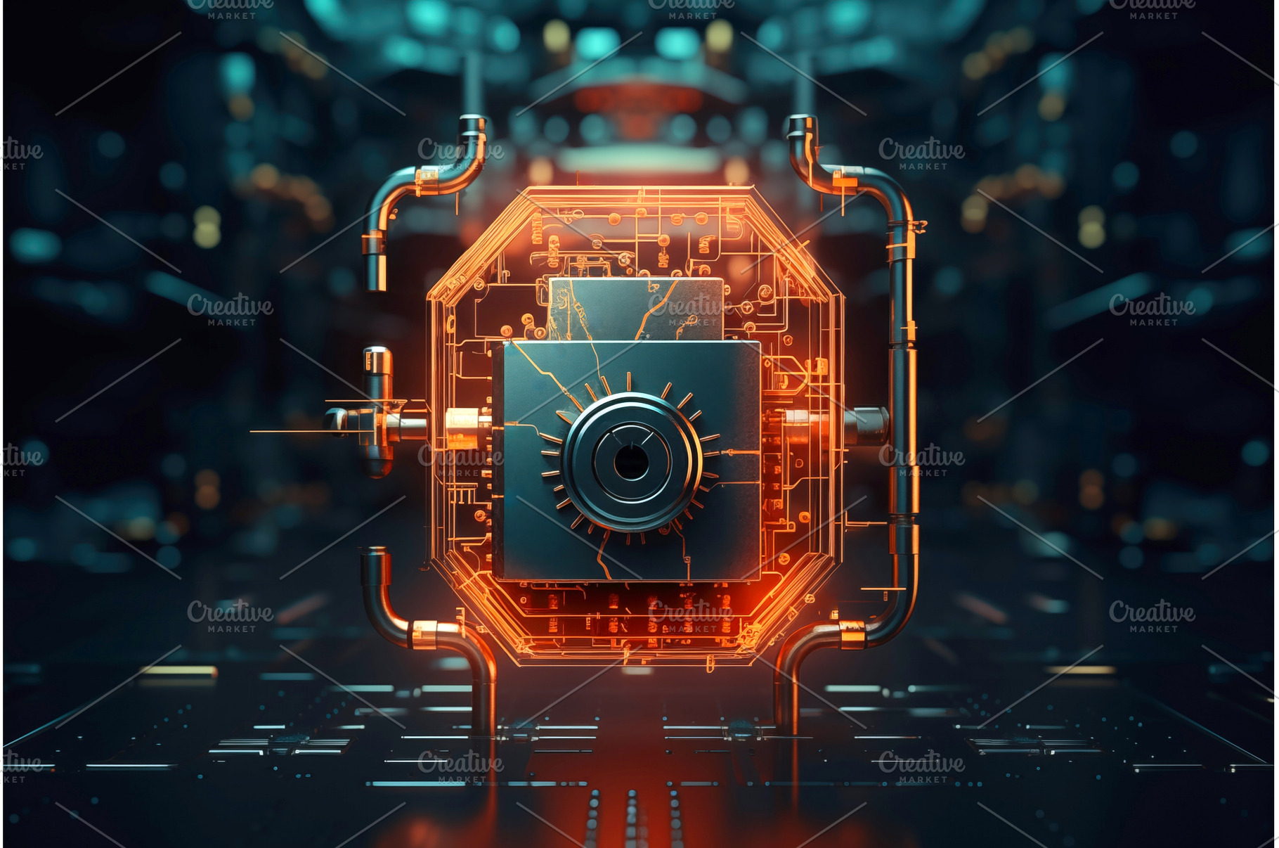 Futuristic digital lock surrounded, a Technology Photo by Ungvar Studio