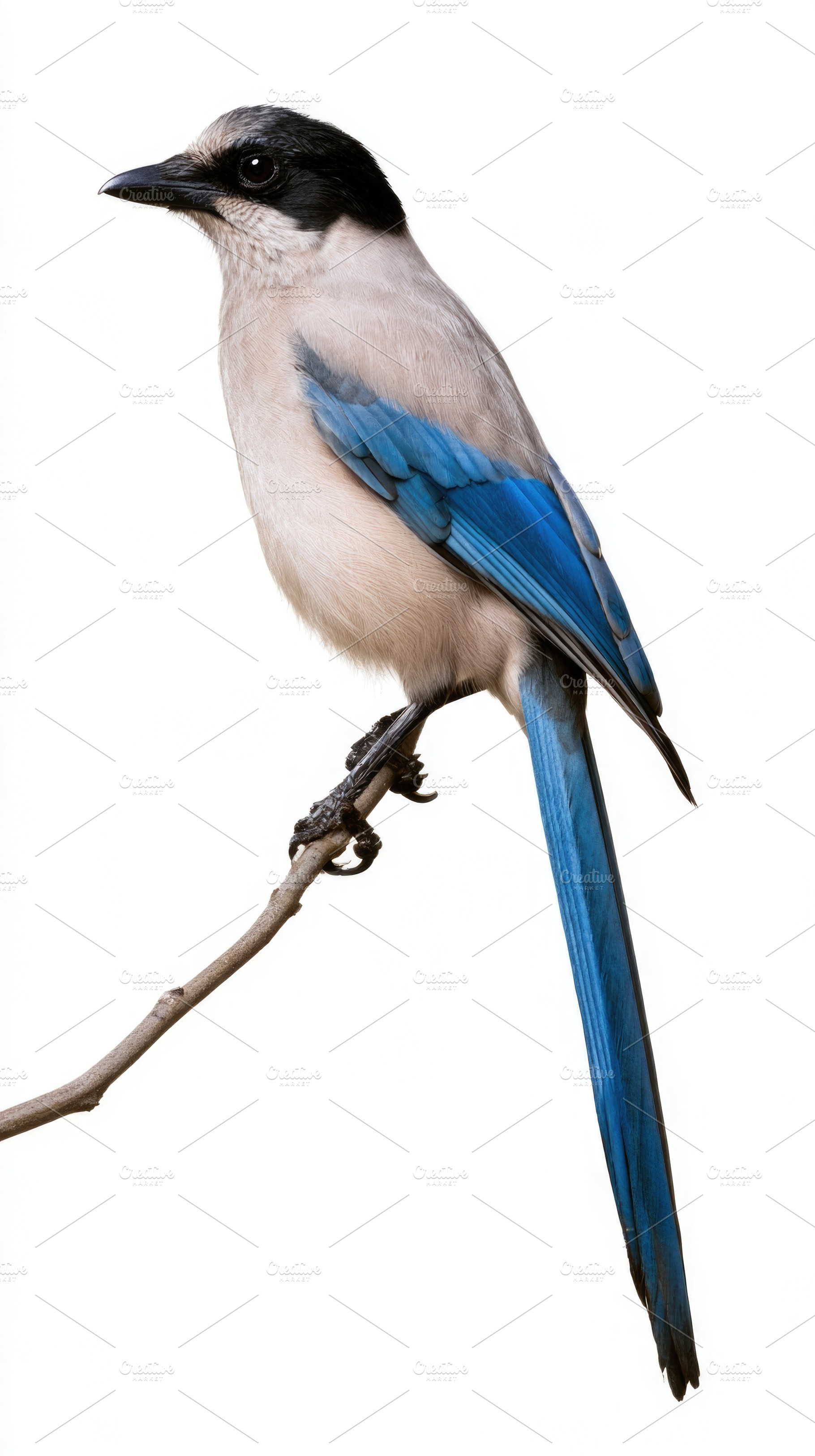 Iberian magpie perched on branch isolated on white background, an Animal Photo by José Manuel Gelpi