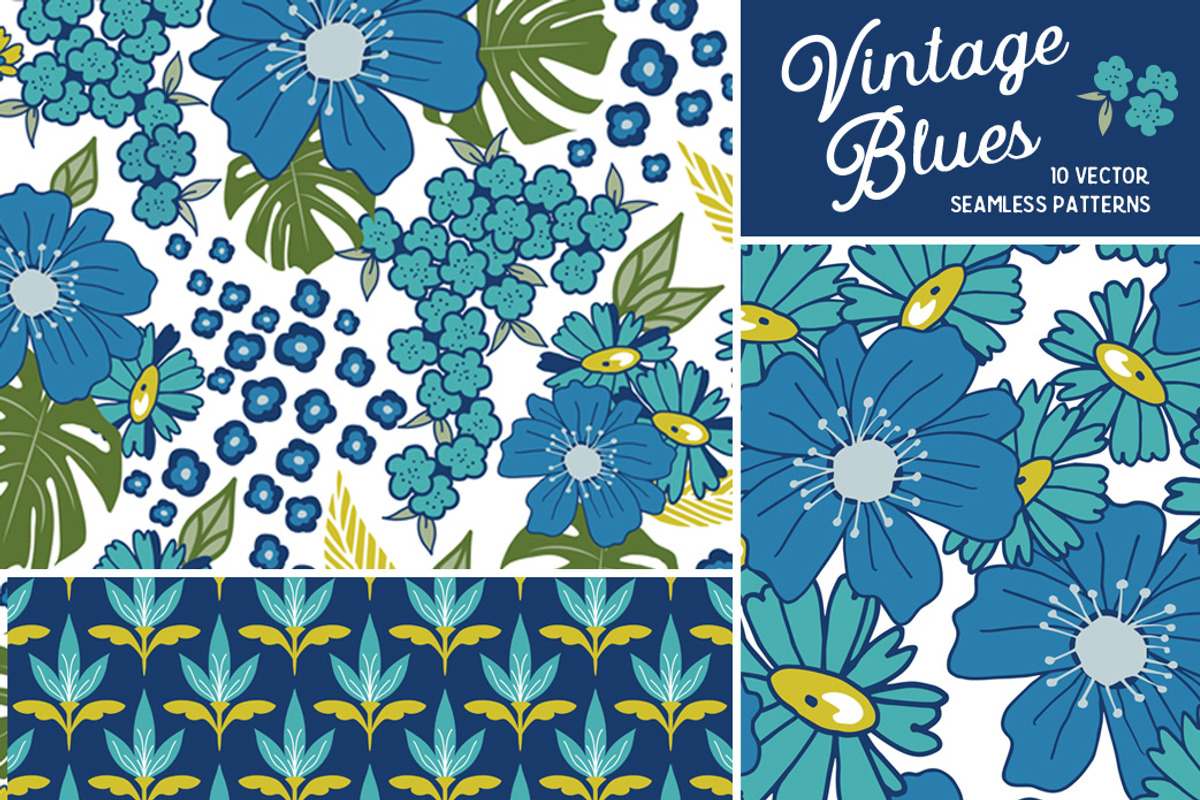 Vintage Blues Floral Patterns, a Pattern Graphic by Wild Twig Co (Photo 1 of 10)