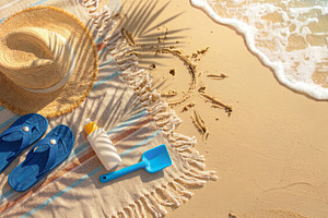 Beach accessories with sun drawing on sand, a Sports & Recreation Photo by Davizro's Market