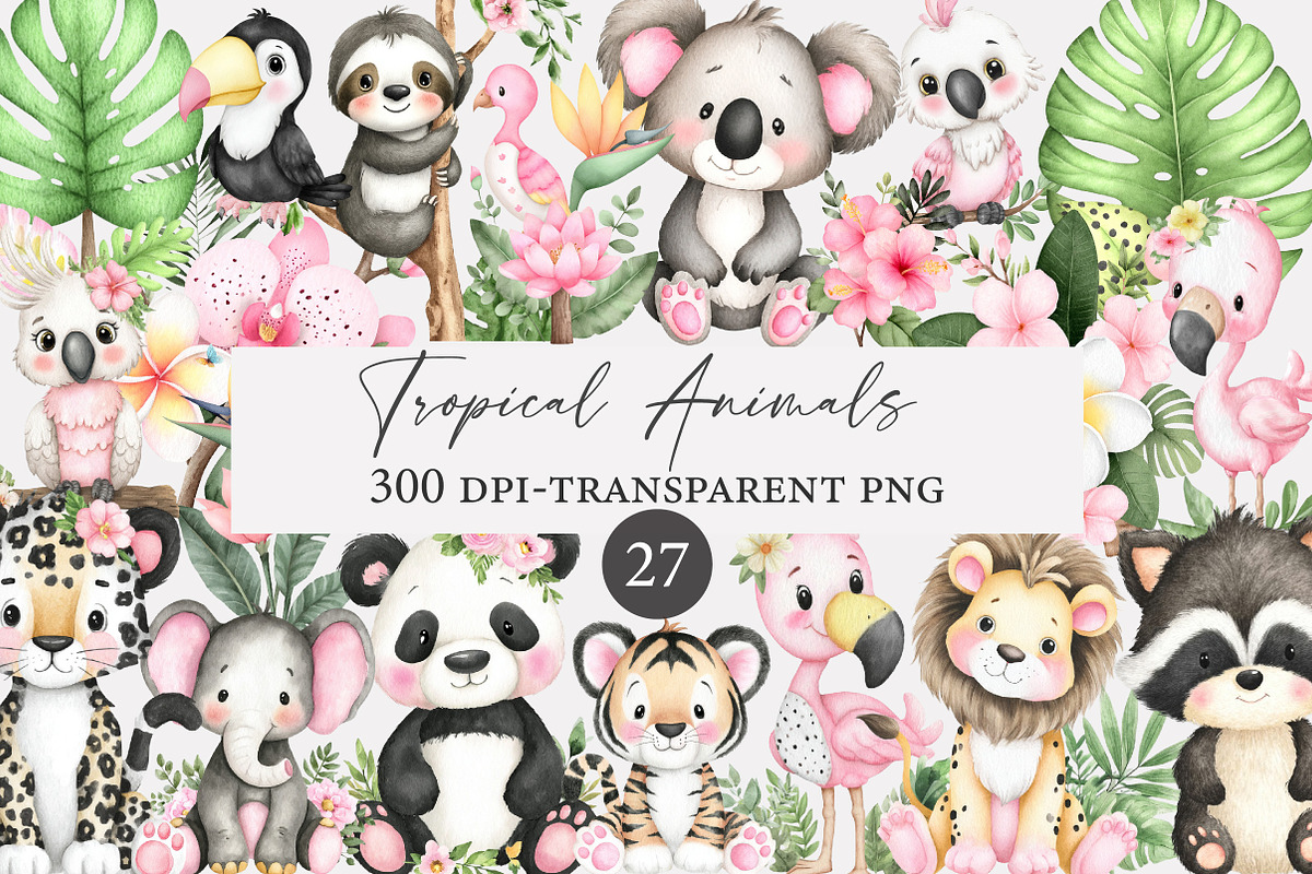 Watercolor Tropical Animals Clipart, an Illustration by Designworld (Photo 1 of 5)