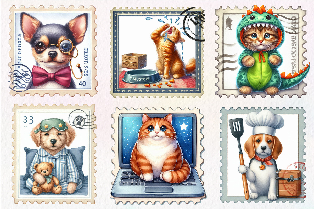 Funny Dog and Cat Postage Stamps, an Illustration by CreationArt (Photo 5 of 5)