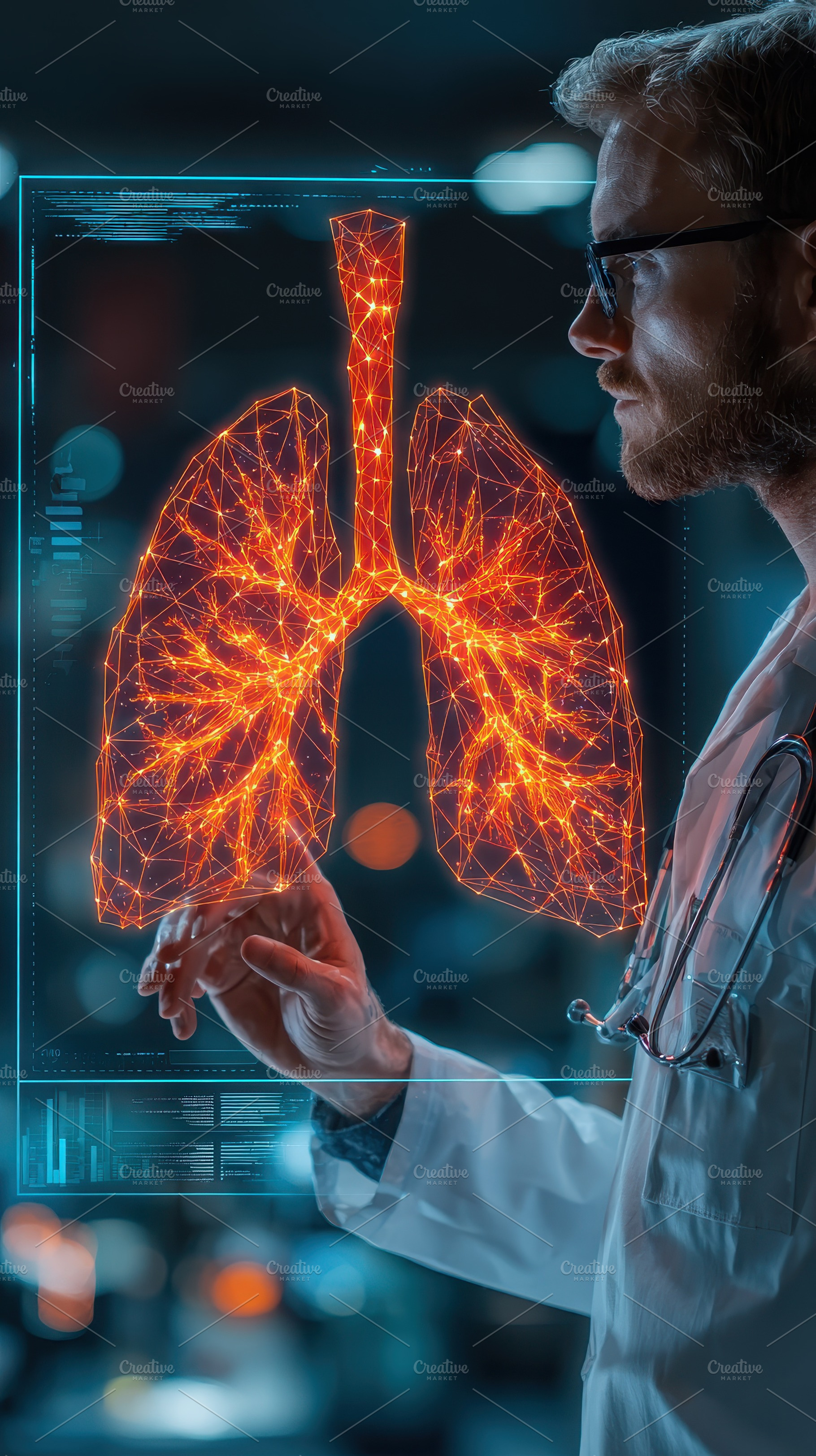 Doctor examining digital lung model, a Photo by Pixeness Studio