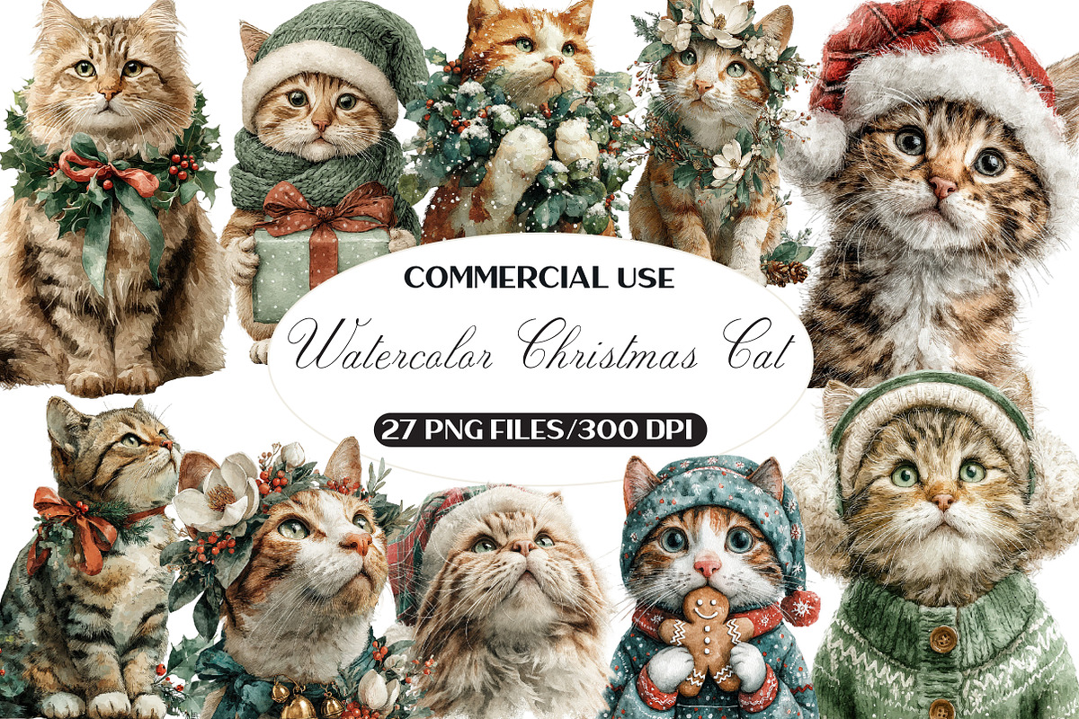 Watercolor Christmas Cat Clipart, a Seasonal Illustration by Black Bird Studio (Photo 1 of 7)