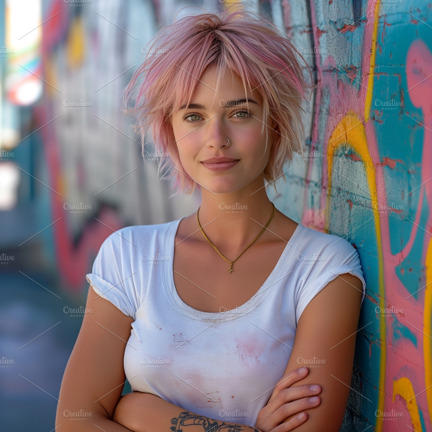 A young Caucasian woman with pink hair poses confidently against a vibrant graf, a Person Photo by ImageMir