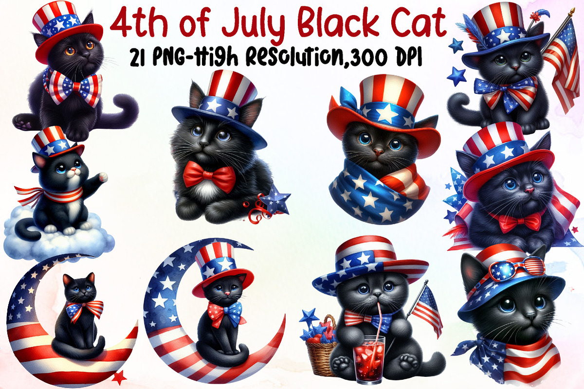 4th of July Patriotic Black Cat Clip, an Illustration by Sublimation Artist (Photo 1 of 6)