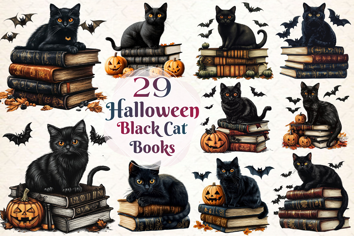 Halloween Black Cat on Books Clipart, a Work Illustration by Dream Creation (Photo 1 of 5)