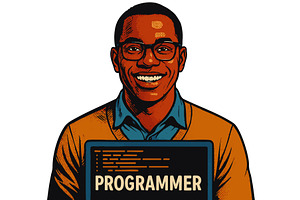 Smiling Male Programmer Working on, a Technology Illustration by AlexArt