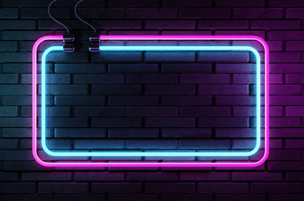 Neon sign banner with copy space on brick wall background. Abstract art and obj, an Arts & Entertainment Photo by Ministocker