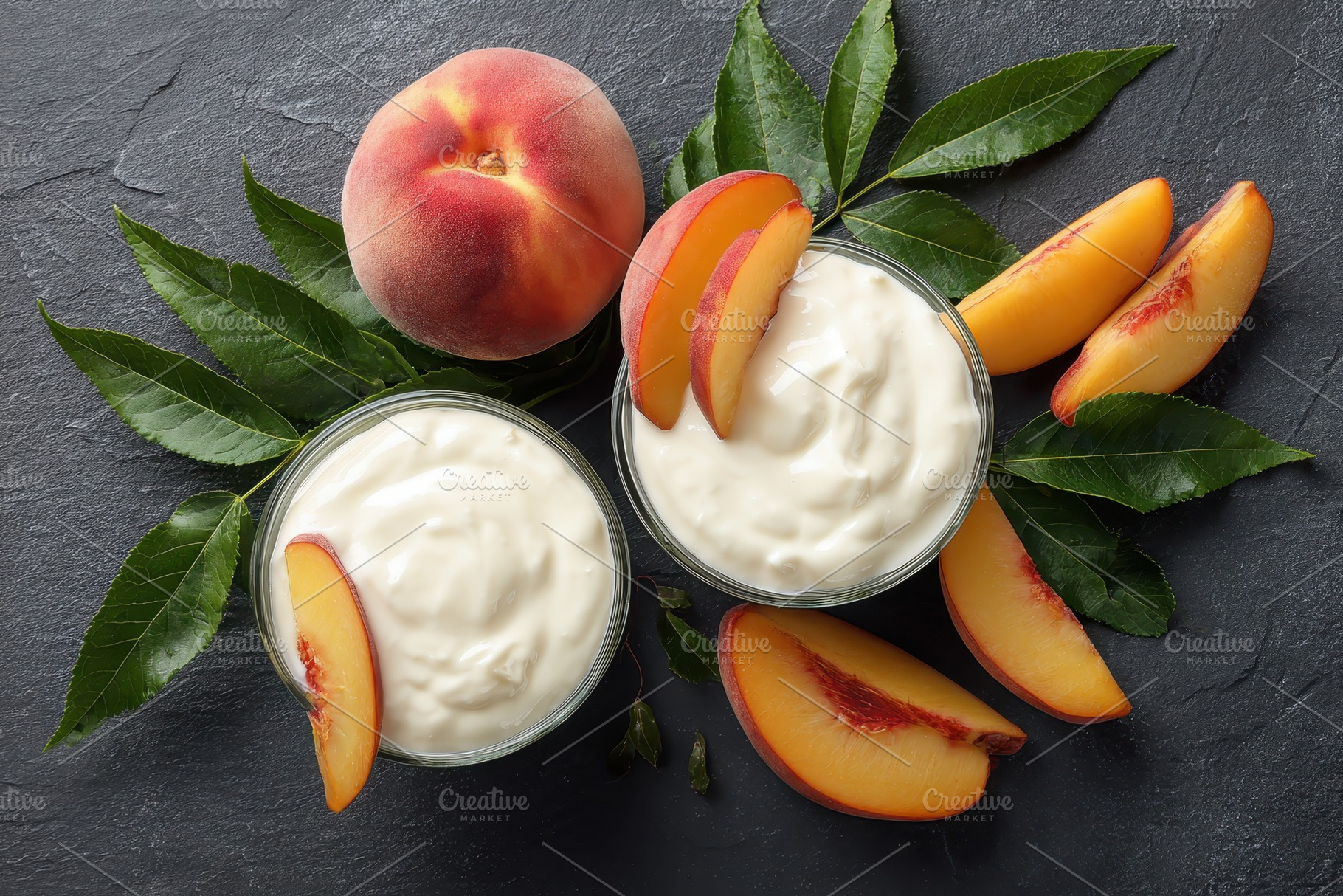 Yogurt with fresh peach slices, a Photo by Pavel_design