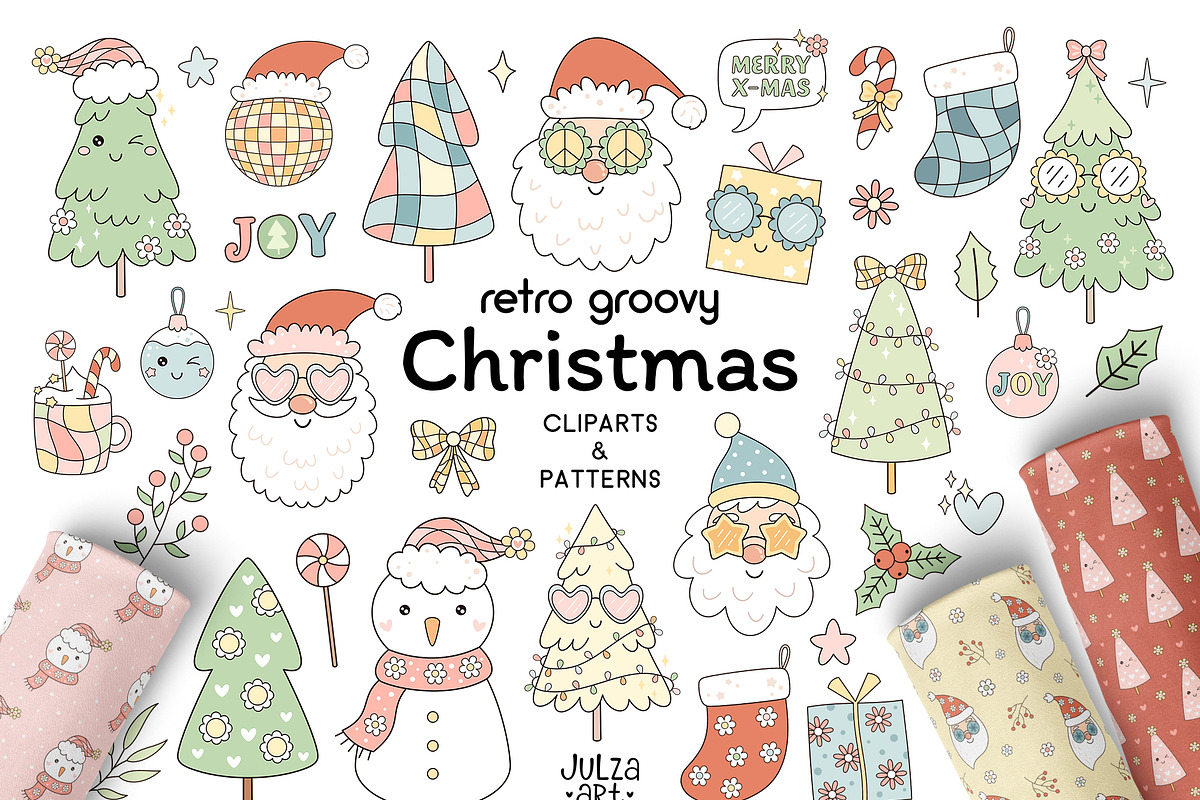 Retro Christmas Collection, a Seasonal Illustration by JulzaArt (Photo 1 of 9)