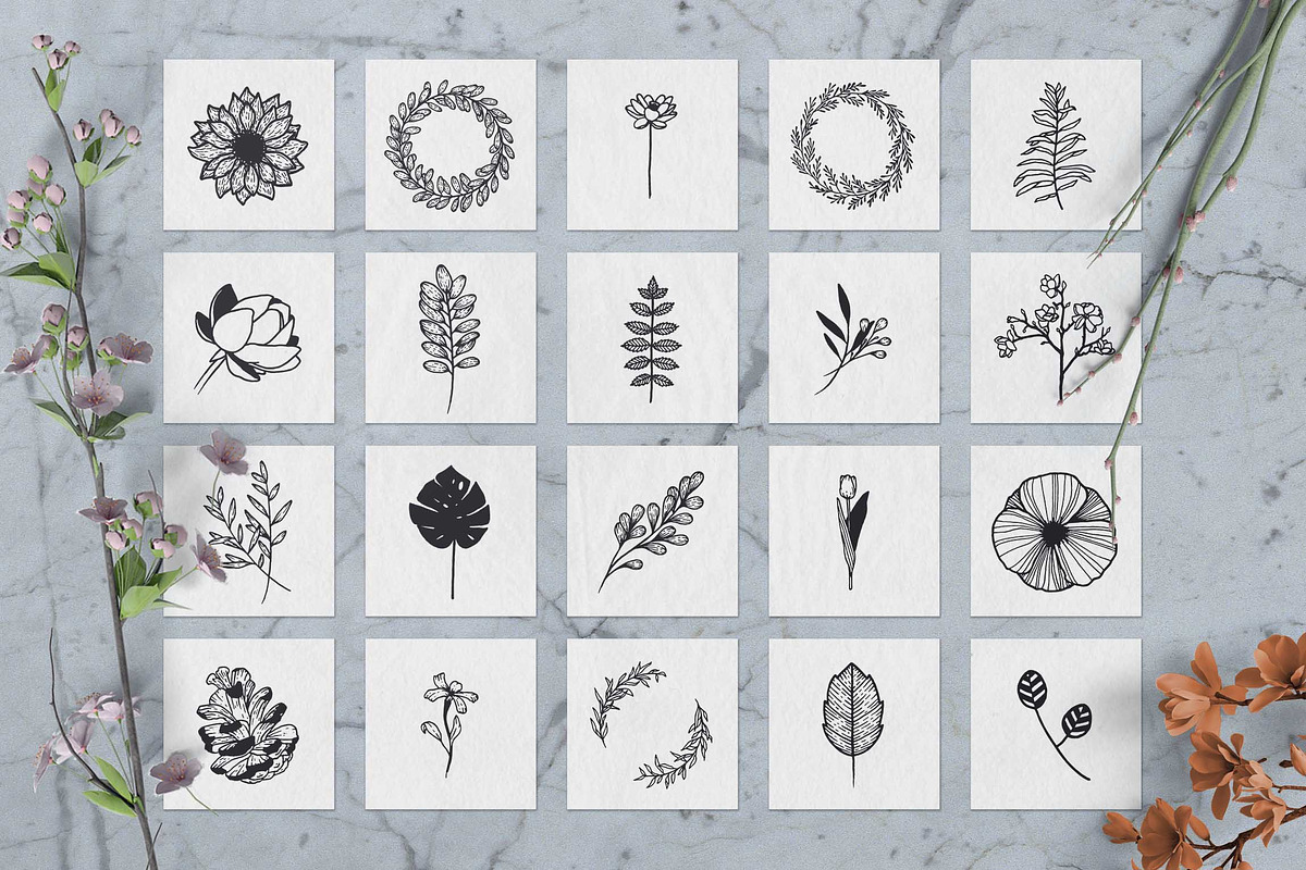 100 Hand Drawn Elements -Floral-, a Decorative Illustration by Michael Rayback Design (Photo 2 of 18)