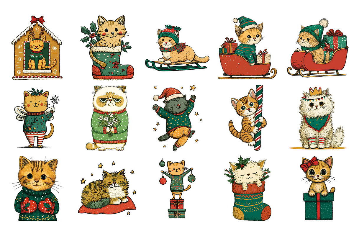 Whimsical Christmas Cat Clipart, an Illustration by Daily.Designs (Photo 2 of 5)