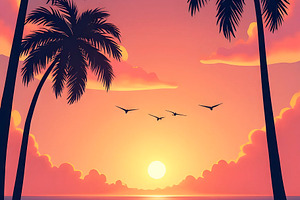 Tropical Beach Sunset with Palm Tree, a Photo by LOGOCREATIVE