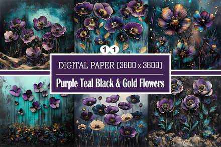 Purple Teal Black & Gold Flowers, a Background Graphic by Printable Treasure