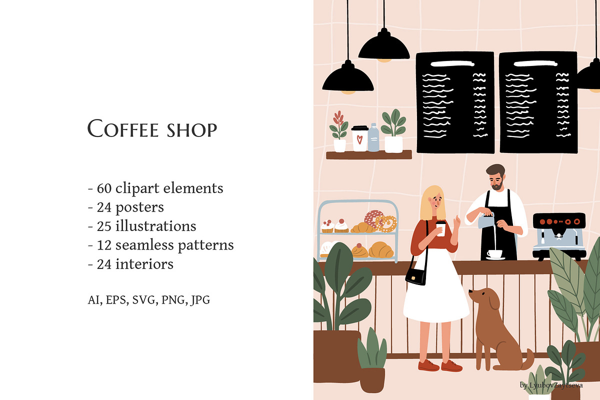 Dog Friendly Coffee Shop Scenes, a Person Illustration by LyubovZaytseva (Photo 2 of 20)