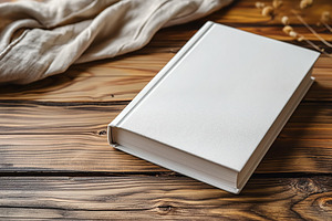 A blank white book resting on a rustic wooden table, surrounded by soft fabrics, a Business Photo by ImageMir