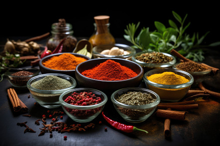 Spices and herbs on black background, a Photo by Iftikhar Alam