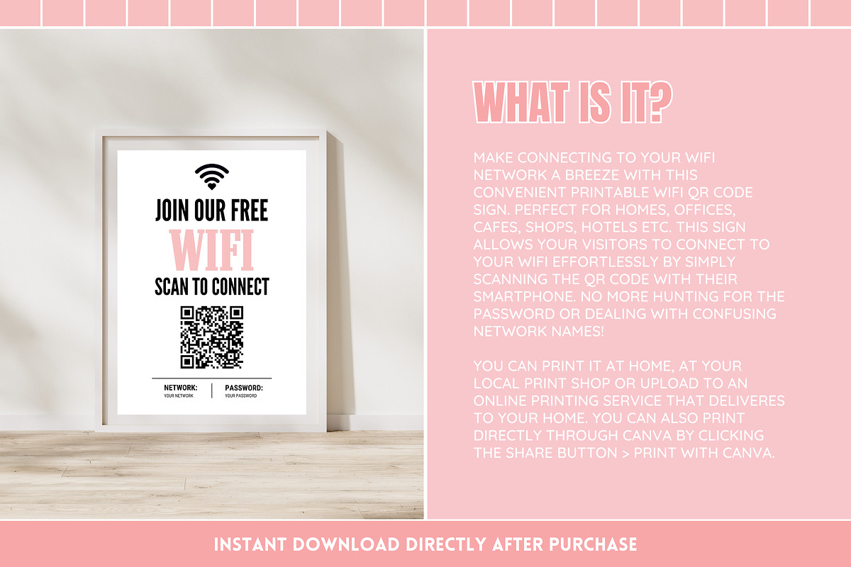 Pink & Black WiFi QR Code Sign, a Stationery Template by SunshineStudioBoutique (Photo 2 of 10)