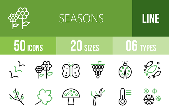 50 Seasons Line Green Black Icons