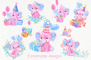 Birthday Elephants PNG Watercolor