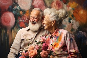 Joyful elderly couple with flowers on colorful background., a Person Photo by ImageMir