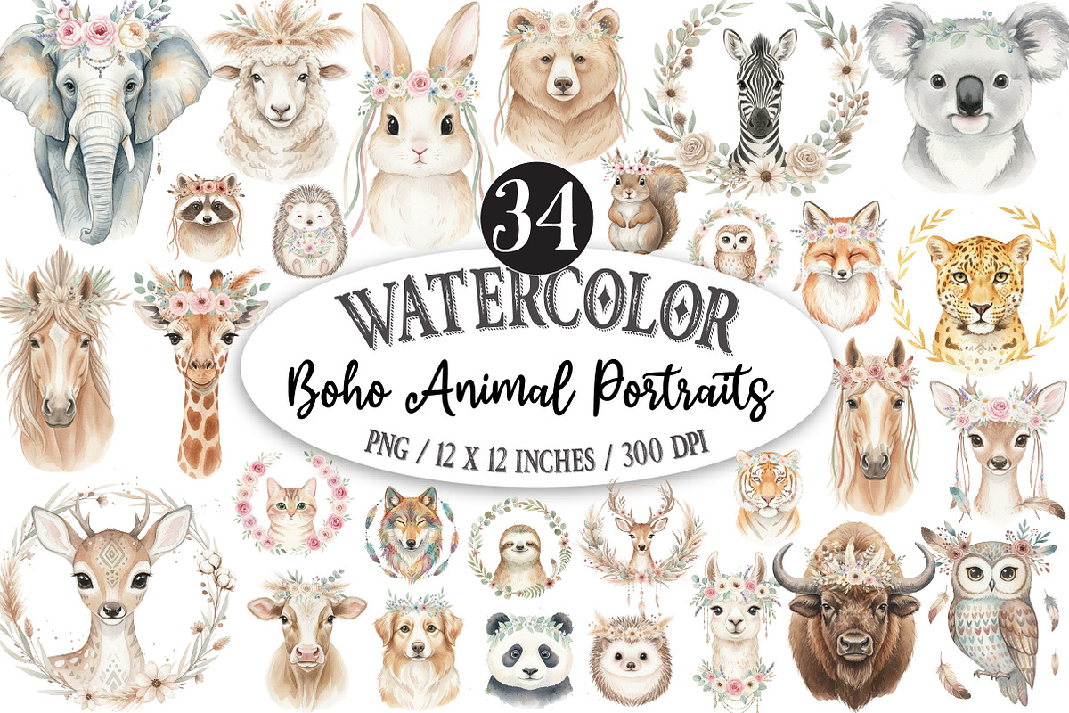 Boho Animal Portraits Watercolor, an Illustration by Designking (Photo 1 of 5)