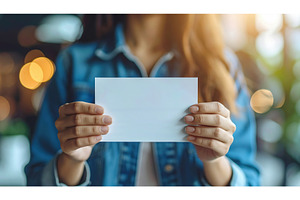 Woman holding blank white card with, a Person Photo by Igor Tichonow