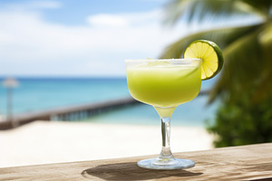 Glass of margarita cocktail on wooden bar table, a Food & Drink Photo by AlyaAnd