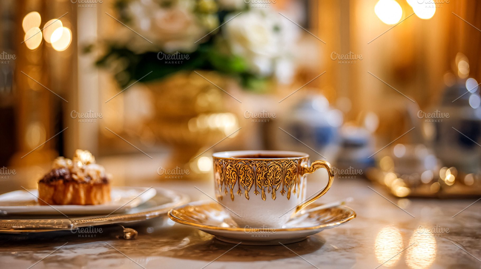 Elegant gold porcelain cup filled with hot coffee next to a deli, a Food & Drink Photo by Studio ANNA