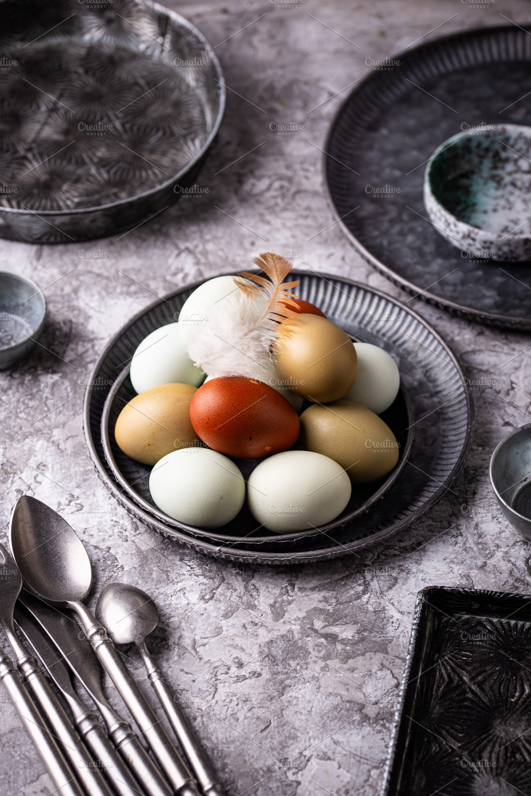 Farm blue, green and brown eggs, a Food & Drink Photo by Yulia Furman