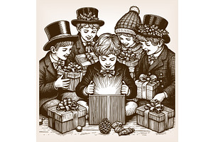 children opening Christmas gifts, an Illustration by AlexArt