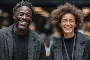 Two cheerful african american colleagues in a professional setting with bright, a Photo by AS photostudio