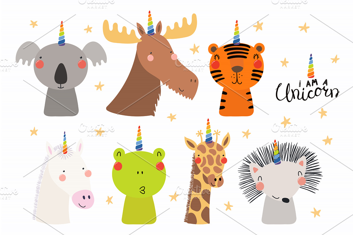 Cute animals with unicorn horn set, an Animal Illustration by sceptical cactus