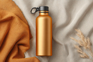 Stylish metal bottle mockup displayed on soft neutral fabric with warm tones, a Beauty & Fashion Photo by AlyaAnd