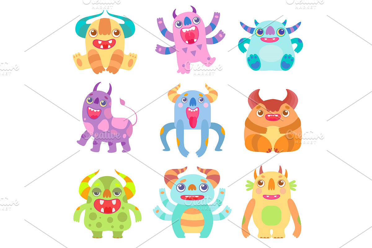 Cute Friendly Monsters with Horns, an Animal Illustration by TopVectors