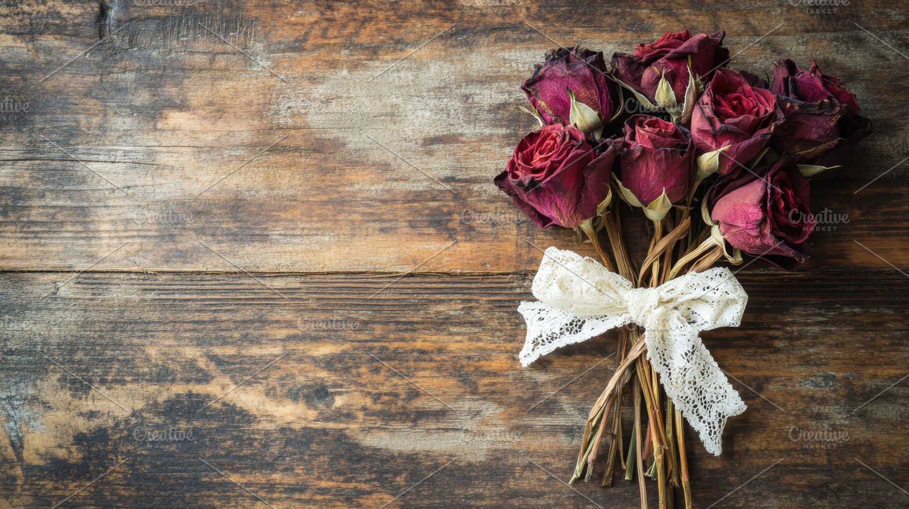Dried roses tied with lace on wood, a Photo by Beautiful things