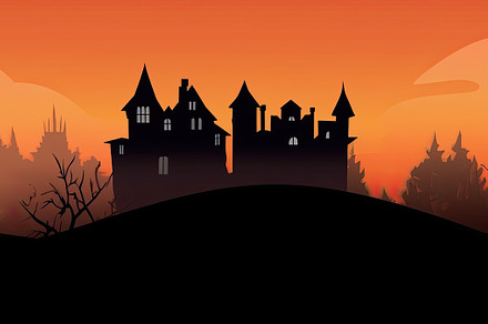 Orange halloween landscape with a haunted castle in the backgrou, a Holiday Photo by José Manuel Gelpi