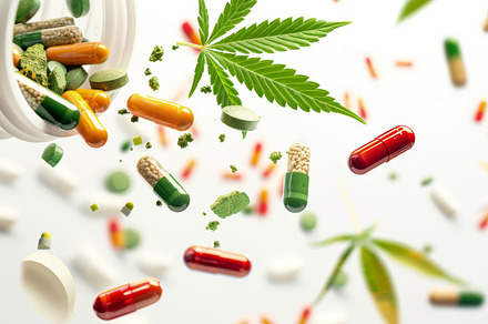 Colorful pills and cannabis leaves scattered on white background, a Photo by Dvoevnore photos
