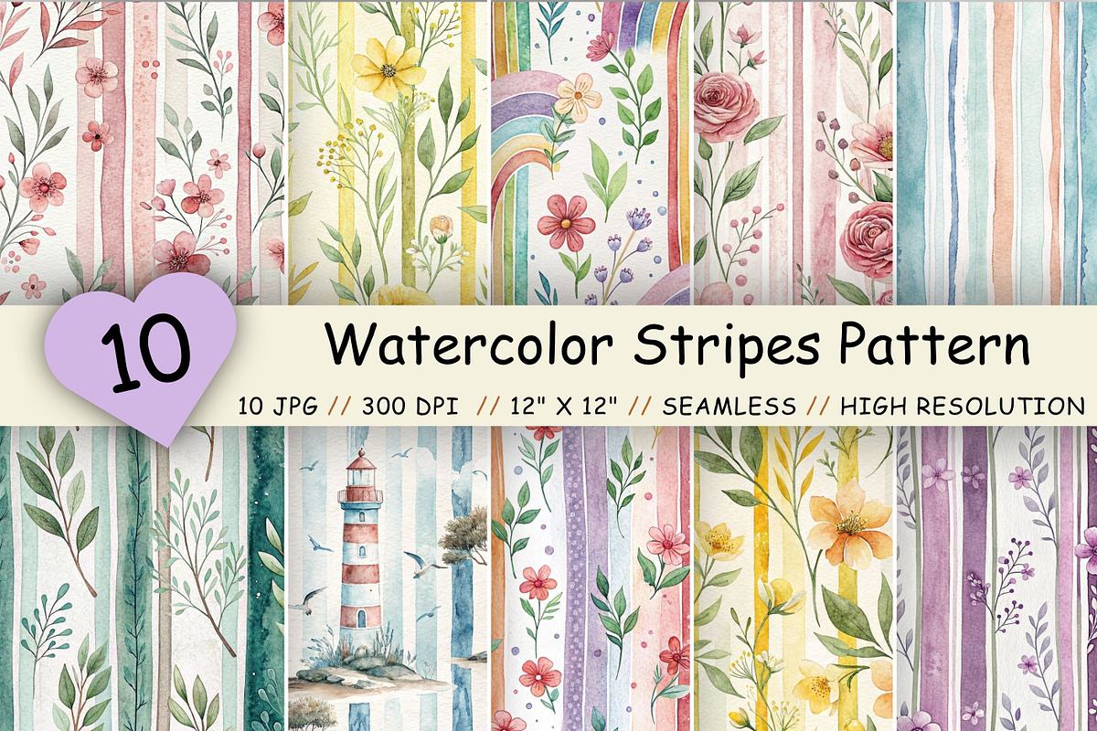 Watercolor Stripes Digital Paper, a Pattern Graphic by FloridPrintables (Photo 1 of 9)