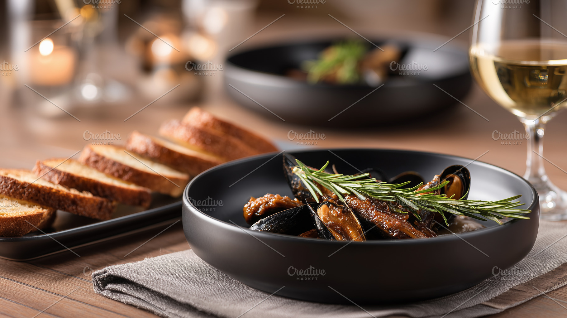 Mussels in a savory sauce garnished, a Food & Drink Photo by MistyDay