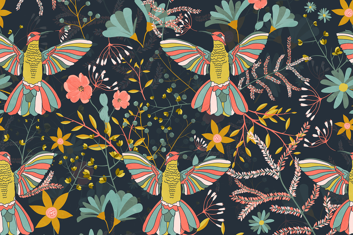 Garden of hummingbirds dark, a Pattern Graphic by Cesar Torres